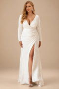 Rutipo Ivory Sheath/Column V-Neck Long Sleeves Sequined Plus Size Wedding Dresses With Split Front