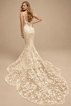 Rutipo Champagne Trumpet/Mermaid V-Neck Sleeveless Court Train Lace Wedding Dresses