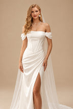 Rutipo Ivory Sheath/Column Off-The-Shoulder Sleeveless Sweep Train Silk Like Satin Wedding Dresses With Split Front