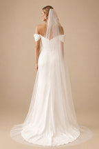 Rutipo Ivory Sheath/Column Off-The-Shoulder Sleeveless Sweep Train Silk Like Satin Wedding Dresses With Split Front