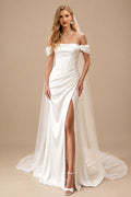 Rutipo Ivory Sheath/Column Off-The-Shoulder Sleeveless Sweep Train Silk Like Satin Wedding Dresses With Split Front