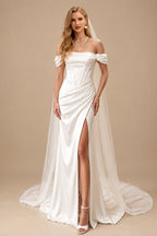 Rutipo Ivory Sheath/Column Off-The-Shoulder Sleeveless Sweep Train Silk Like Satin Wedding Dresses With Split Front