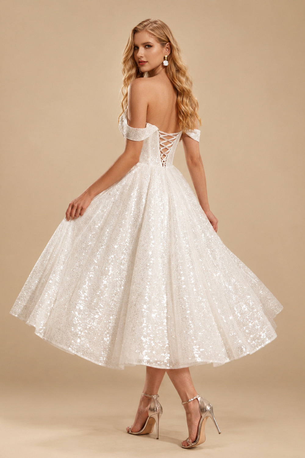 Rutipo Ivory Sparkly Sequined Tea-Length Wedding Dresses
