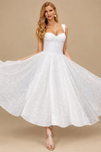 Rutipo White Sparkly Sequined Tea-Length Wedding Dresses