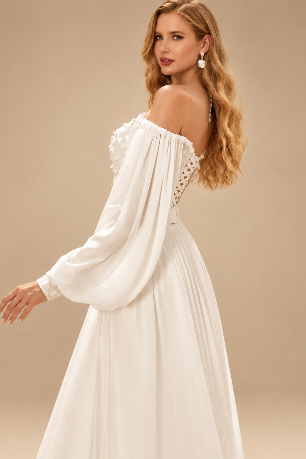 Rutipo Ivory Classic Ball-Gown Long Lantern Sleeves V-Neck Floral Lace Chiffon Wedding Dress With Split Front