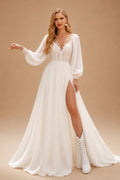 Rutipo Ivory Classic Ball-Gown Long Lantern Sleeves V-Neck Floral Lace Chiffon Wedding Dress With Split Front