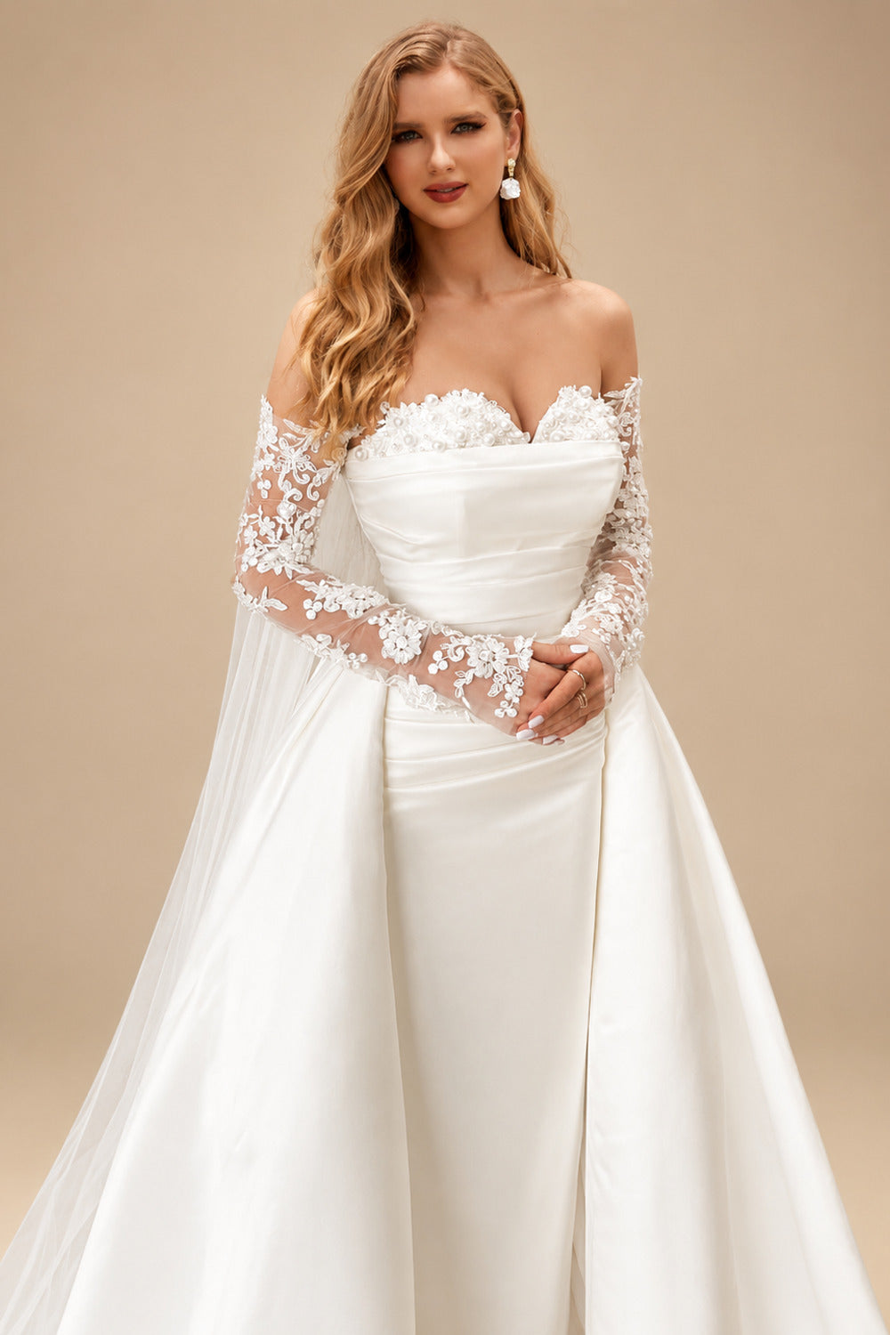 Rutipo Ivory Sweetheart Detachable Train Lace Sleeves Wedding Dresses