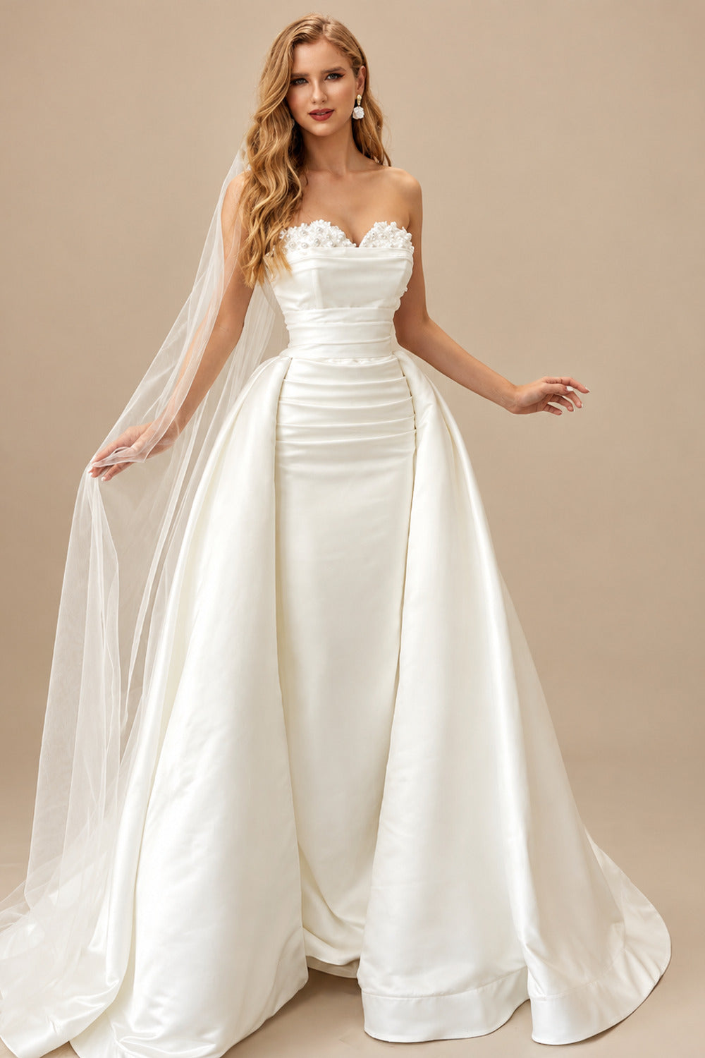 Rutipo Ivory Sweetheart Detachable Train Lace Sleeves Wedding Dresses