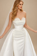 Rutipo Ivory Sweetheart Detachable Train Lace Sleeves Wedding Dresses