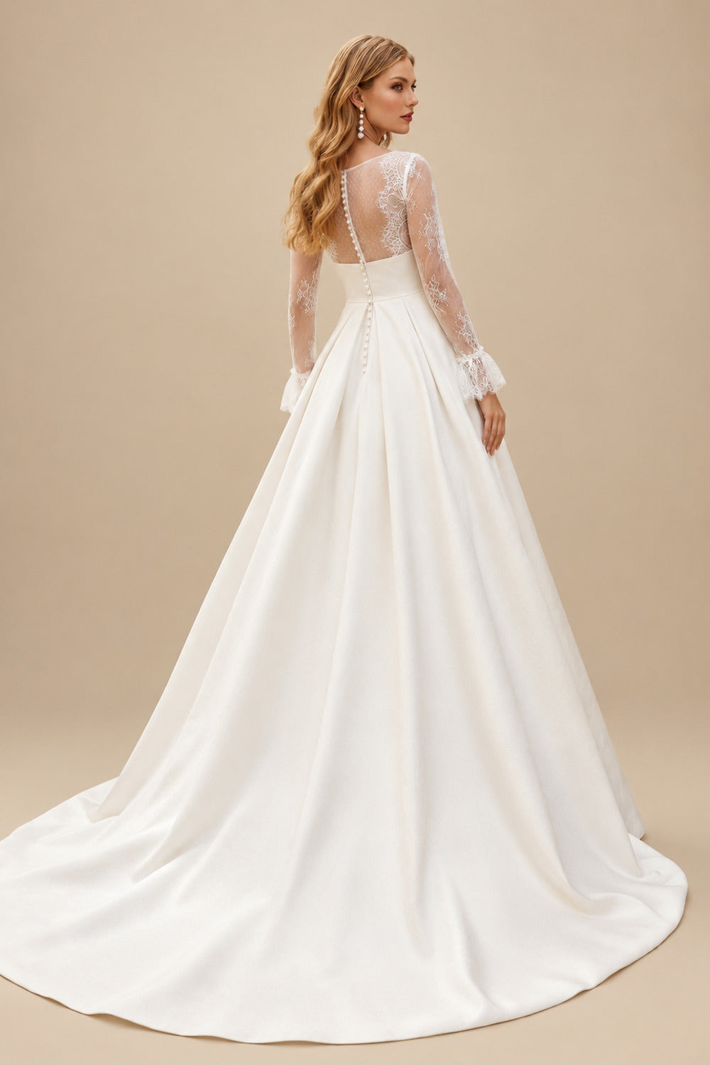 Rutipo Ivory Ball-Gown V-Neck Long Sleeves Sweep Wedding Dresses With Pockets
