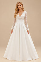 Rutipo Ivory Ball-Gown V-Neck Long Sleeves Sweep Wedding Dresses With Pockets
