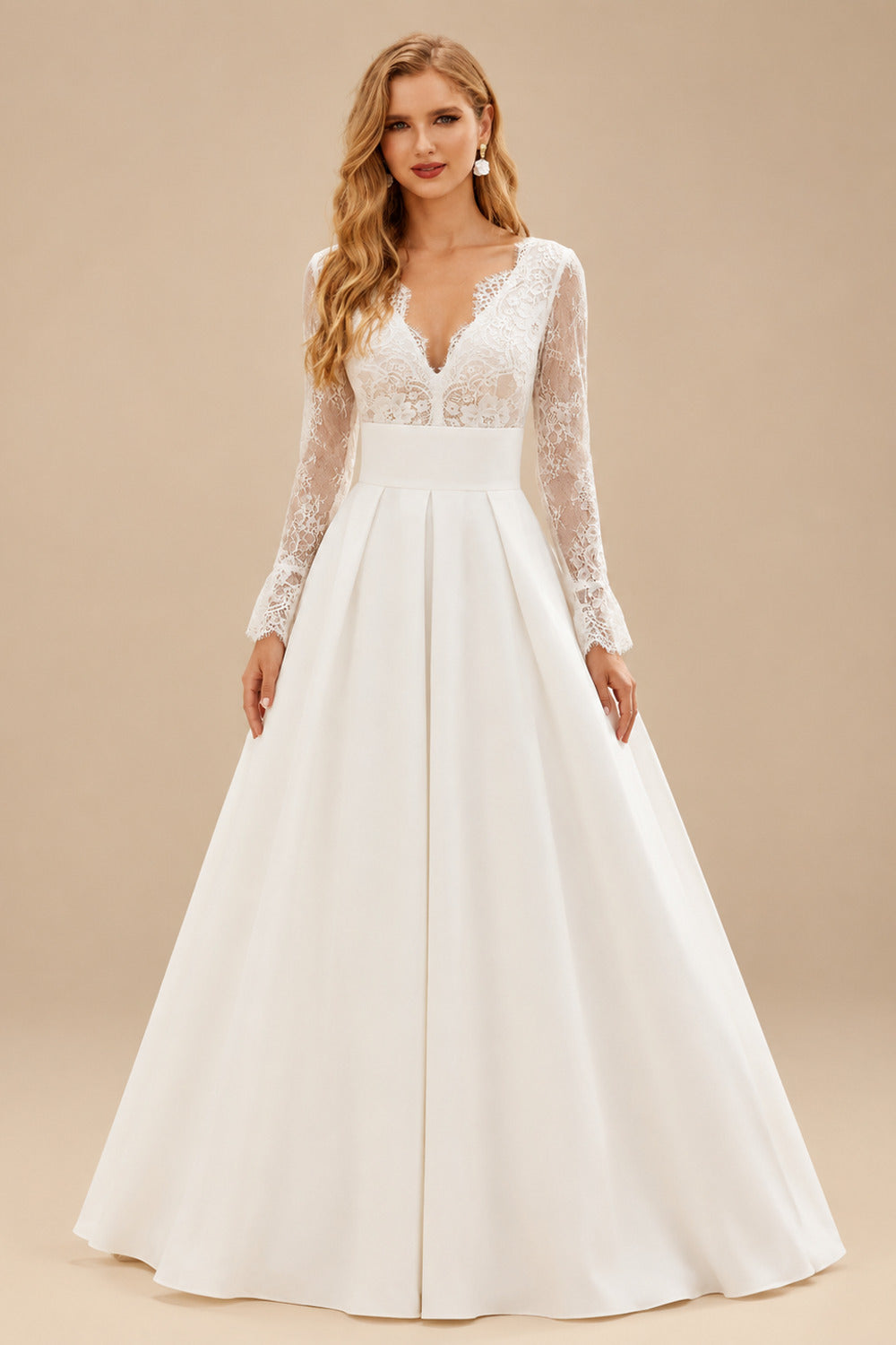 Rutipo Ivory Ball-Gown V-Neck Long Sleeves Sweep Wedding Dresses With Pockets