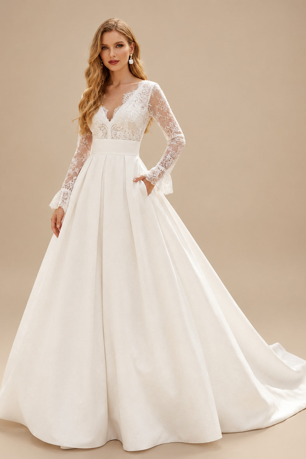 Rutipo Ivory Ball-Gown V-Neck Long Sleeves Sweep Wedding Dresses With Pockets