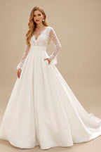 Rutipo Ivory Ball-Gown V-Neck Long Sleeves Sweep Wedding Dresses With Pockets