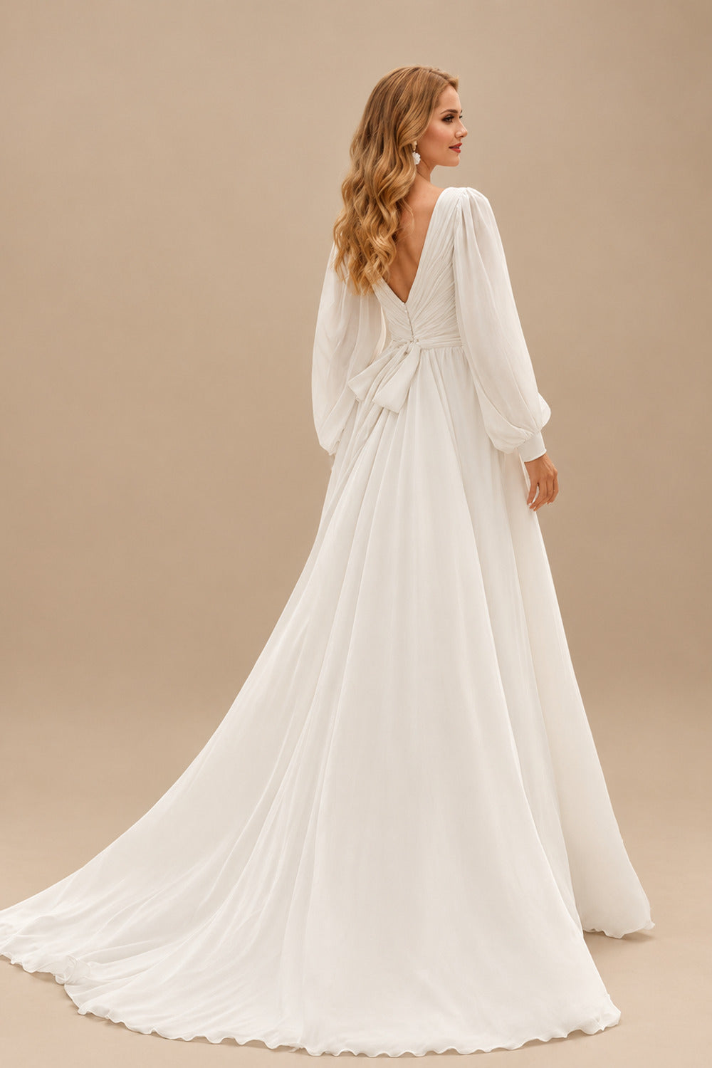 Rutipo Ivory A-Line V-Neck Long Sleeves Sweep Train Chiffon Wedding Dresses With Sash