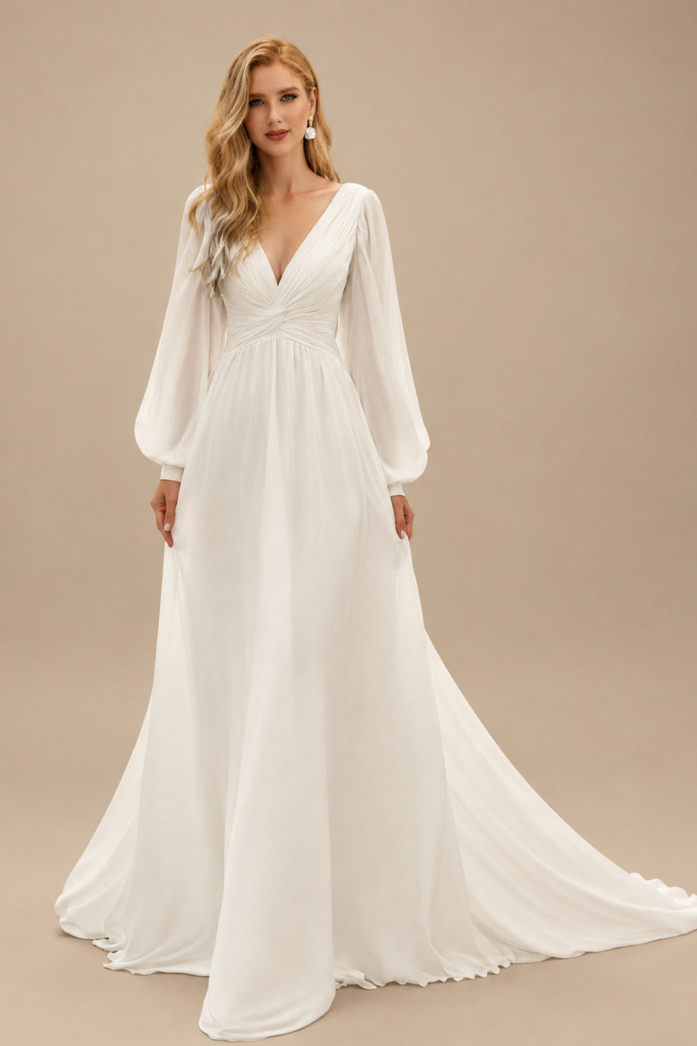 Rutipo Ivory A-Line V-Neck Long Sleeves Sweep Train Chiffon Wedding Dresses With Sash