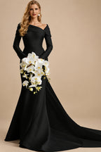 Rutipo Black Sheath/Column Asymmetrical Long Sleeves Matte Satin Wedding Dresses