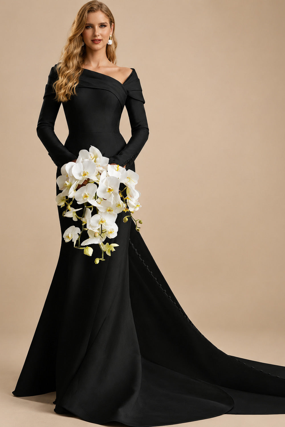 Rutipo Black Sheath/Column Asymmetrical Long Sleeves Matte Satin Wedding Dresses