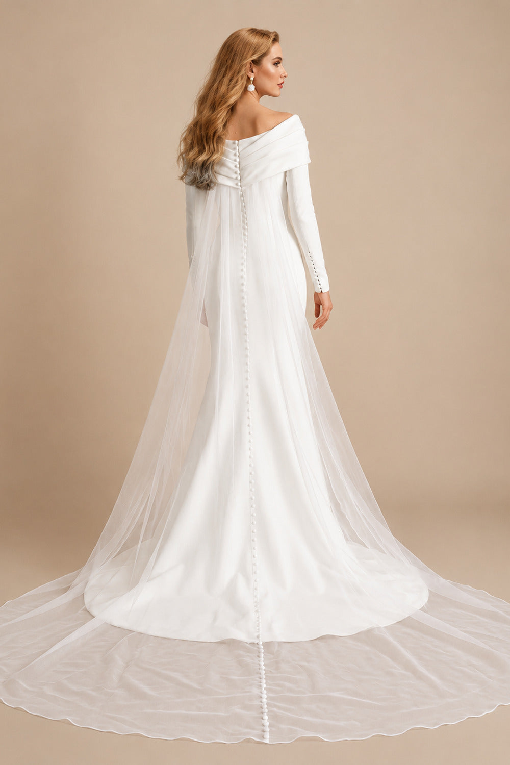 Rutipo Ivory Sheath/Column Asymmetrical Long Sleeves Matte Satin Wedding Dresses
