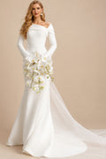 Rutipo Ivory Sheath/Column Asymmetrical Long Sleeves Matte Satin Wedding Dresses