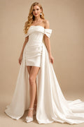 Rutipo Ivory Sheath/Column Off-The-Shoulder Detachable Satin Wedding Dresses