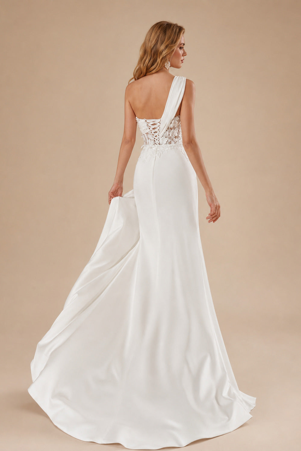 Rutipo Ivory Exquisite Ruched One-Shoulder Sequined Illusion Corset Wedding Dresses With 3D Floral