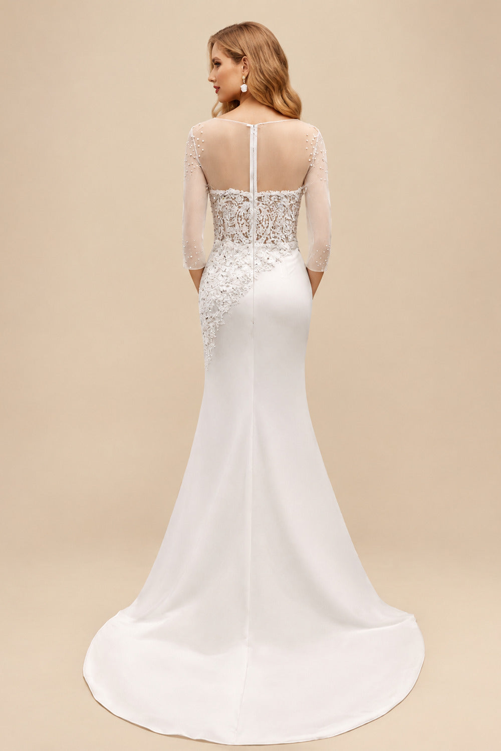 Rutipo As Picture Trumpet/Mermaid V-Neck 3/4 Sleeves Lace/Satin Wedding Dresses With Beading/Appliques Lace