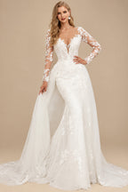 Rutipo Ivory Trumpet/Mermaid Long Sleeves Tulle Wedding Dresses With Appliques Lace