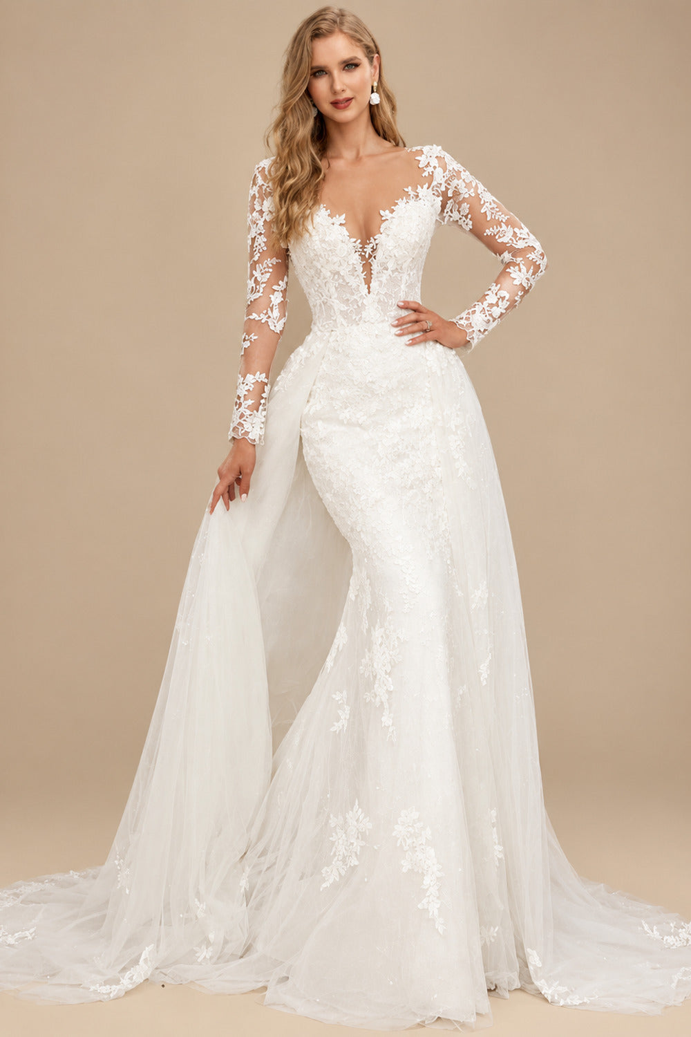 Rutipo Ivory Trumpet/Mermaid Long Sleeves Tulle Wedding Dresses With Appliques Lace