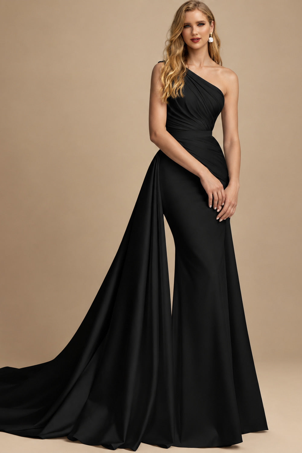 Rutipo Black A-Line One-Shoulder Sleeveless Detachable Matte Satin Wedding Dresses