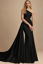Rutipo Black A-Line One-Shoulder Sleeveless Detachable Matte Satin Wedding Dresses