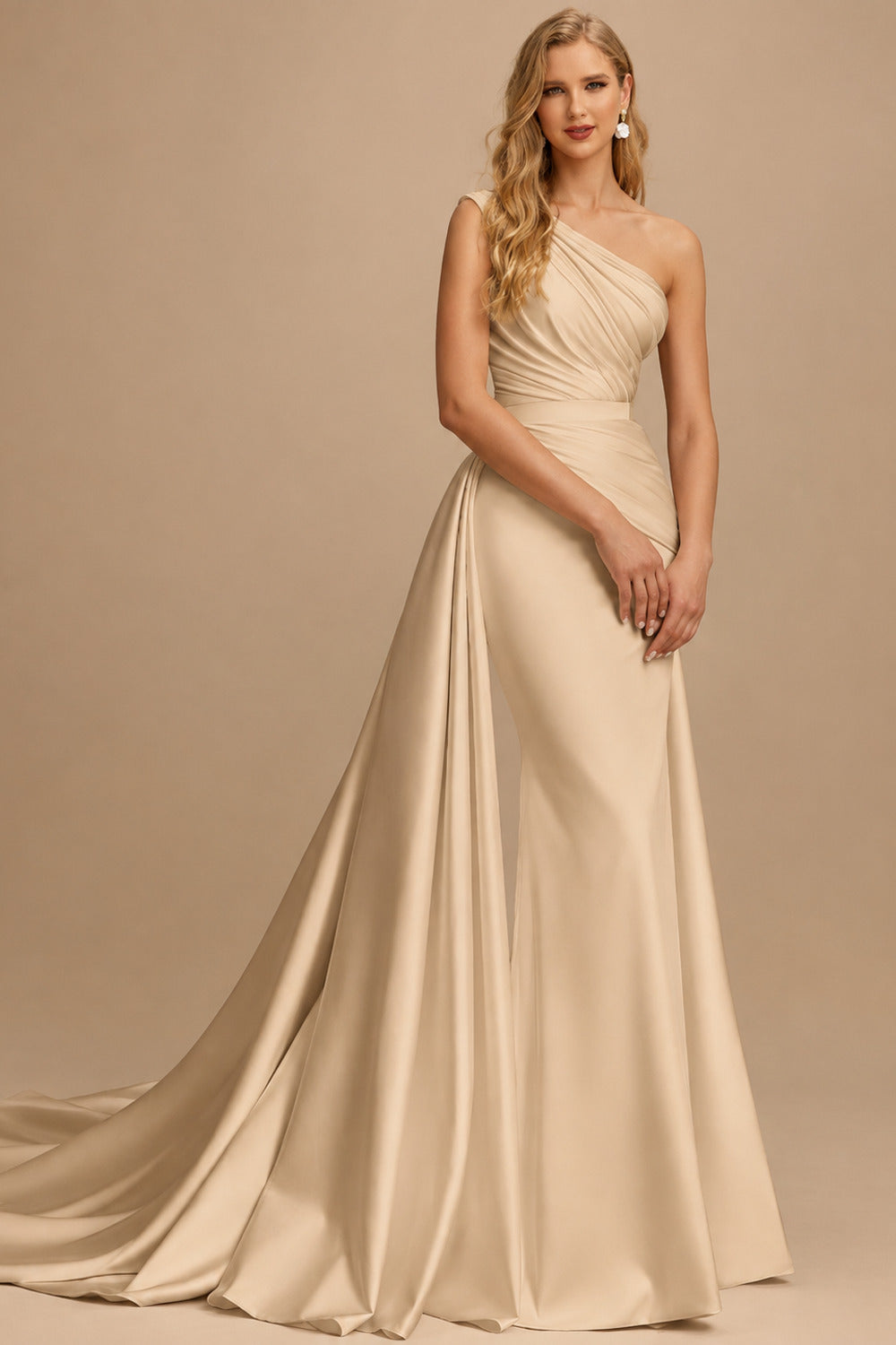 Rutipo Champagne A-Line One-Shoulder Sleeveless Detachable Matte Satin Wedding Dresses