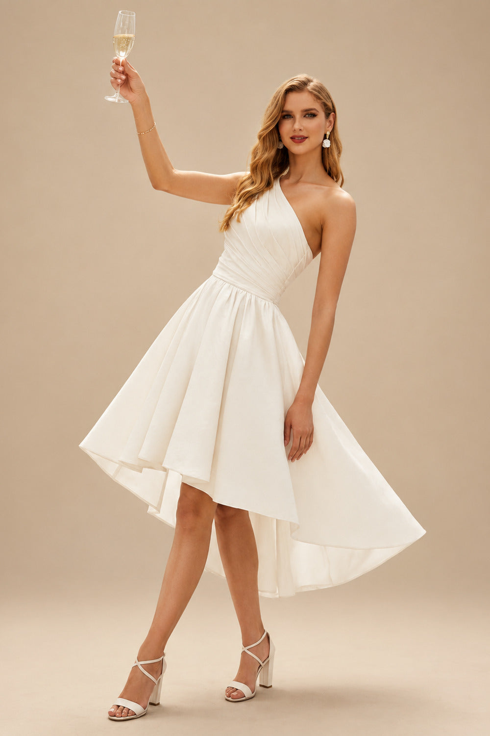 Rutipo Ivory A-Line One-Shoulder Sleeveless Short/Mini Satin Wedding Dresses