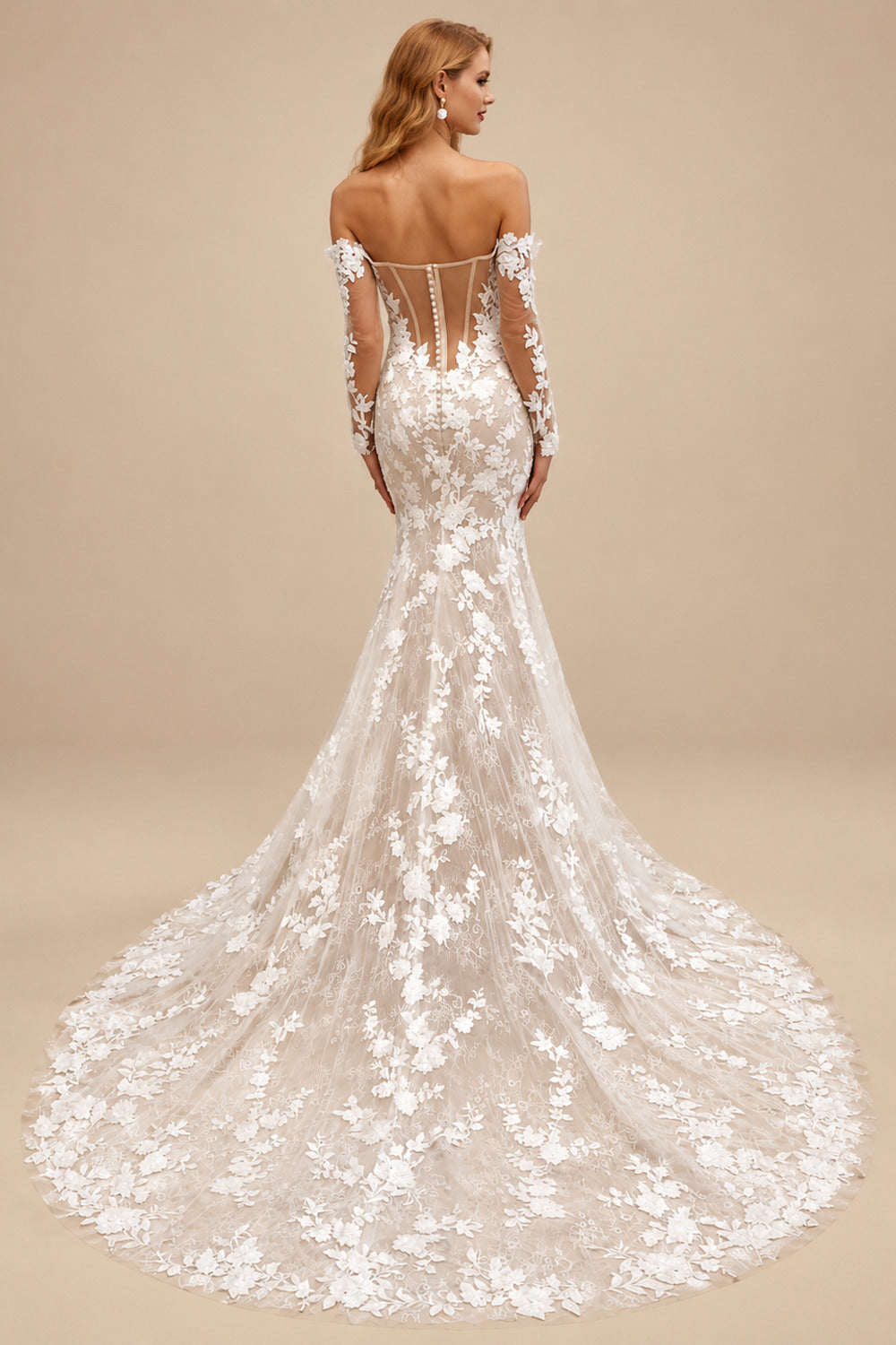 Rutipo As Picture Elegant Off-The-Shoulder Long Sleeves Corset Mermaid Court Train Lace Wedding Dresses