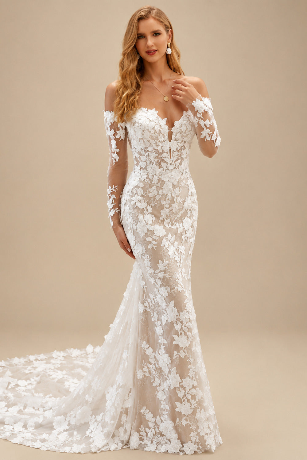Rutipo As Picture Elegant Off-The-Shoulder Long Sleeves Corset Mermaid Court Train Lace Wedding Dresses