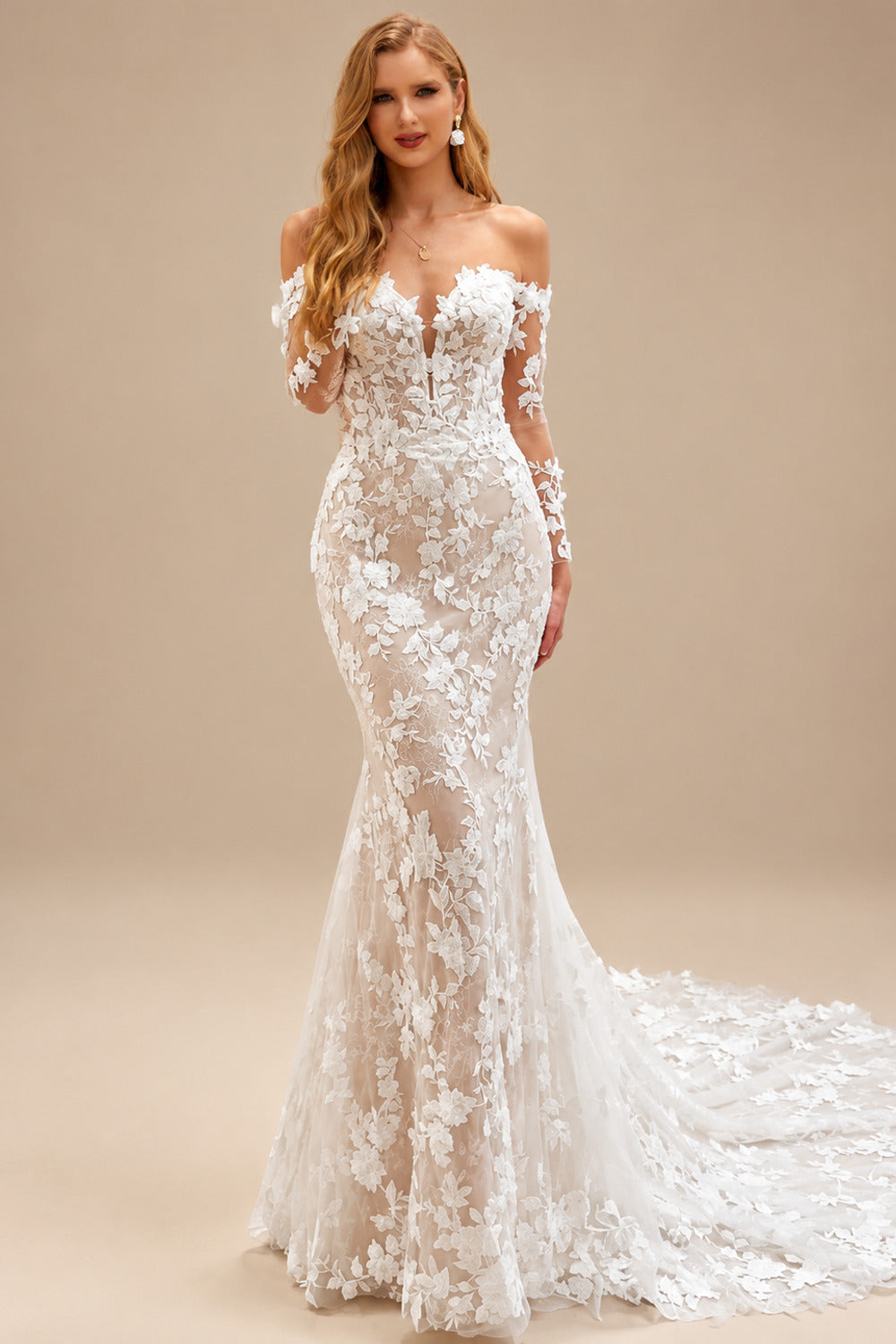 Rutipo As Picture Elegant Off-The-Shoulder Long Sleeves Corset Mermaid Court Train Lace Wedding Dresses