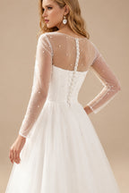 Rutipo Ivory Elegant Beading Illusion Neck Long Sleeves A-Line Tea-Length Tulle Wedding Dresses