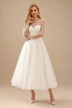 Rutipo Ivory Elegant Beading Illusion Neck Long Sleeves A-Line Tea-Length Tulle Wedding Dresses