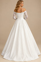 Rutipo Ivory Sweetheart Off-The-Shoulder Long Sleeves Ball-Gown Floor-Length Matte Satin Wedding Dresses With Lace/High Split