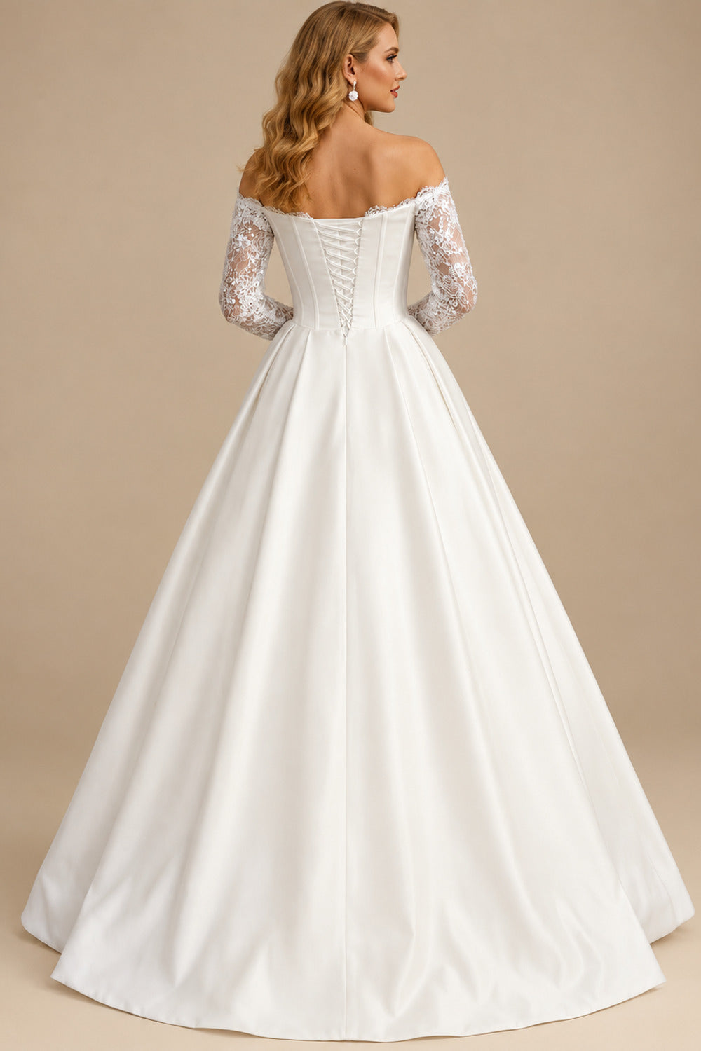 Rutipo Ivory Sweetheart Off-The-Shoulder Long Sleeves Ball-Gown Floor-Length Matte Satin Wedding Dresses With Lace/High Split
