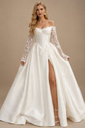 Rutipo Ivory Sweetheart Off-The-Shoulder Long Sleeves Ball-Gown Floor-Length Matte Satin Wedding Dresses With Lace/High Split