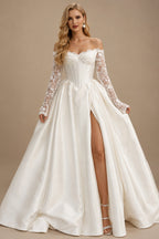 Rutipo Ivory Sweetheart Off-The-Shoulder Long Sleeves Ball-Gown Floor-Length Matte Satin Wedding Dresses With Lace/High Split