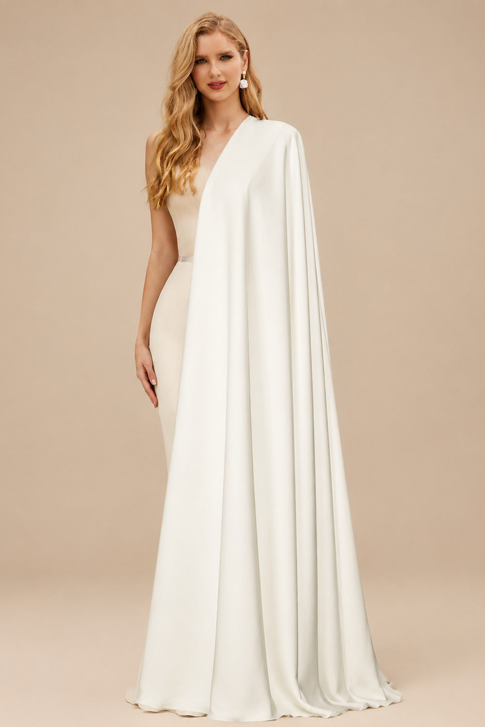 Rutipo Ivory Jumpsuit/Pantsuit Plunge Neck Cape Sleeves Floor-Length Elastic Satin Wedding Dresses