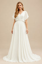Rutipo Ivory Jumpsuit/Pantsuit Plunge Neck Cape Sleeves Floor-Length Elastic Satin Wedding Dresses