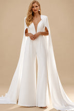 Rutipo White Jumpsuit/Pantsuit Plunge Neck Cape Sleeves Floor-Length Elastic Satin Wedding Dresses