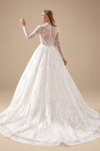 Rutipo White Ball-Gown High Neck Long Sleeves Court Train Lace/Satin Wedding Dresses With Lace