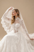 Rutipo White Ball-Gown High Neck Long Sleeves Court Train Lace/Satin Wedding Dresses With Lace