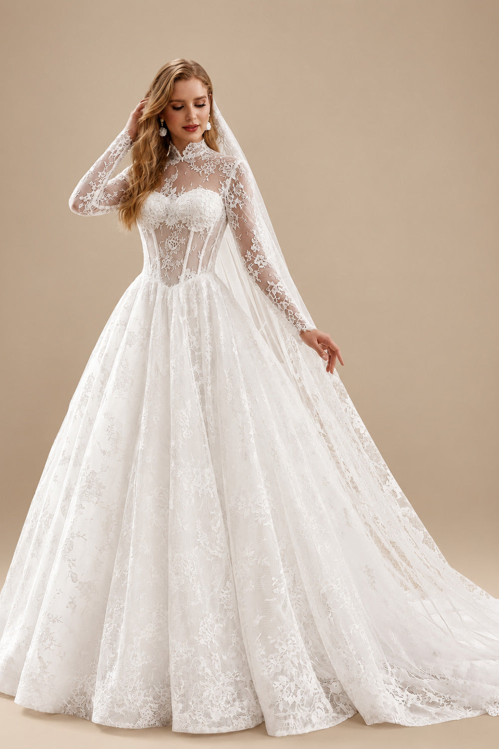 Rutipo White Ball-Gown High Neck Long Sleeves Court Train Lace/Satin Wedding Dresses With Lace