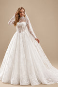 Rutipo White Ball-Gown High Neck Long Sleeves Court Train Lace/Satin Wedding Dresses With Lace