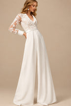 Rutipo As Picture Jumpsuit/Pantsuit V-Neck Long Sleeves Floor-Length Chiffon With Pocket Bride Wedding Dress